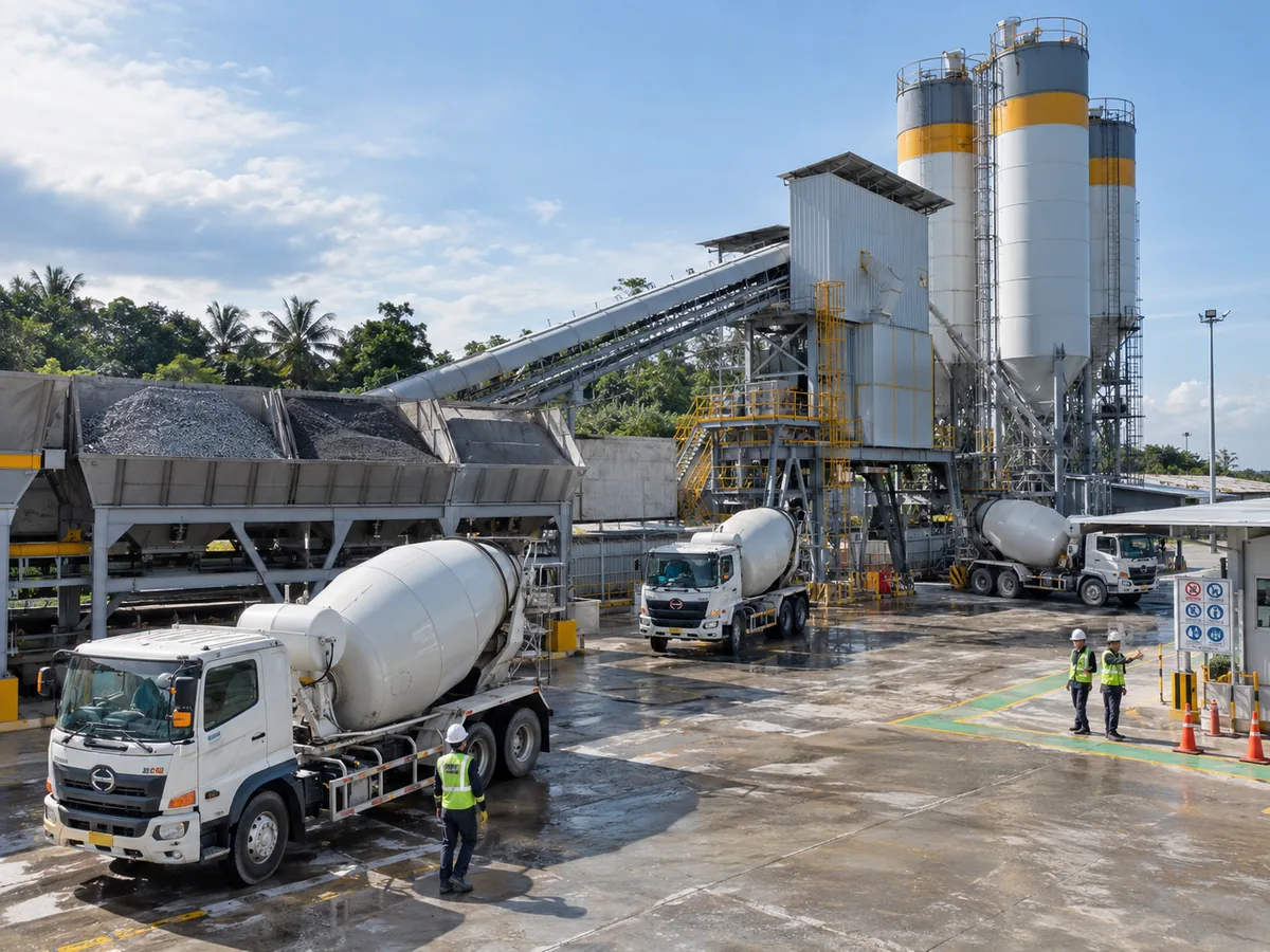 Foto realistis batching plant dan truck mixer untuk layanan beton ready mix PT Prima Beton di Kota Tarakan Kalimantan Utara