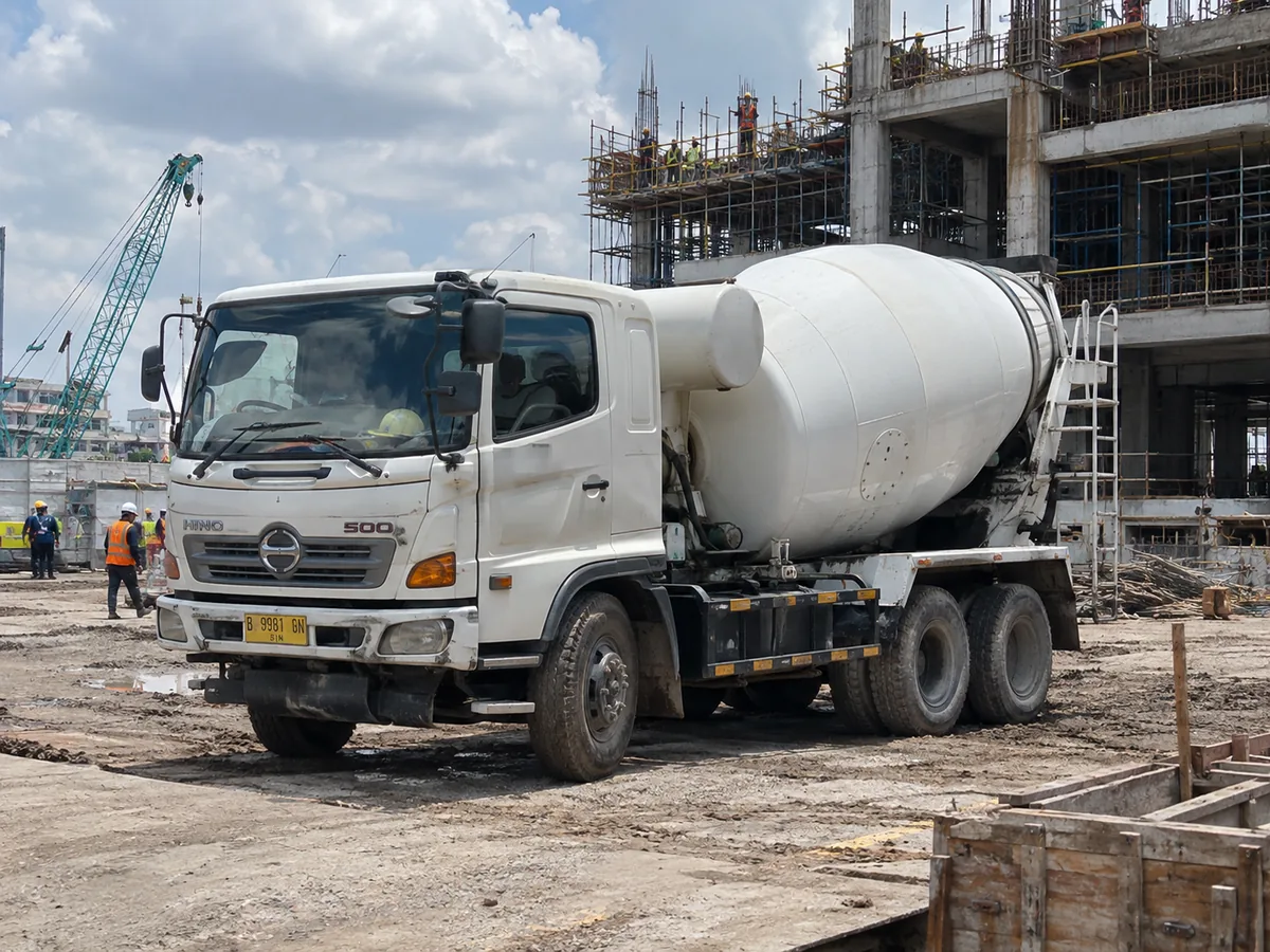 Truck mixer beton PT Prima Beton untuk pengiriman ready mix di Tarakan